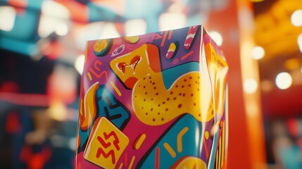 Close-up of a colorful package against a blurry, bright background.