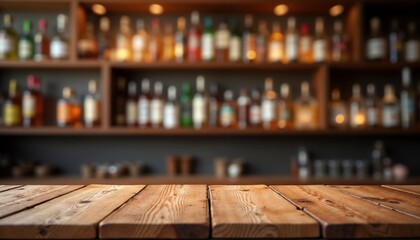 Obraz premium Wooden bar counter with liquor bottles, shelves, warm lighting, and cozy pub-like atmosphere creating a relaxing and inviting space for social gatherings.