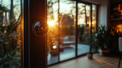Smart home device with sunset view through glass doors, enhancing security and comfort
