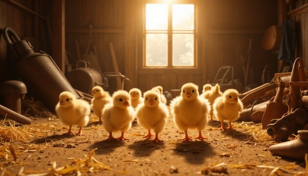 Small yellow chicks on straw in barn with sunlight streaming through window.Farm animals, rural charm, barnyard life, springtime, agricultural setting, cozy farm atmosphere, poultry, rural living, ba
