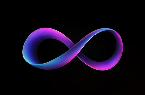 A vibrant infinity symbol with a blend of pink and blue shades appears against a black background, signifying endless potential and creativity.