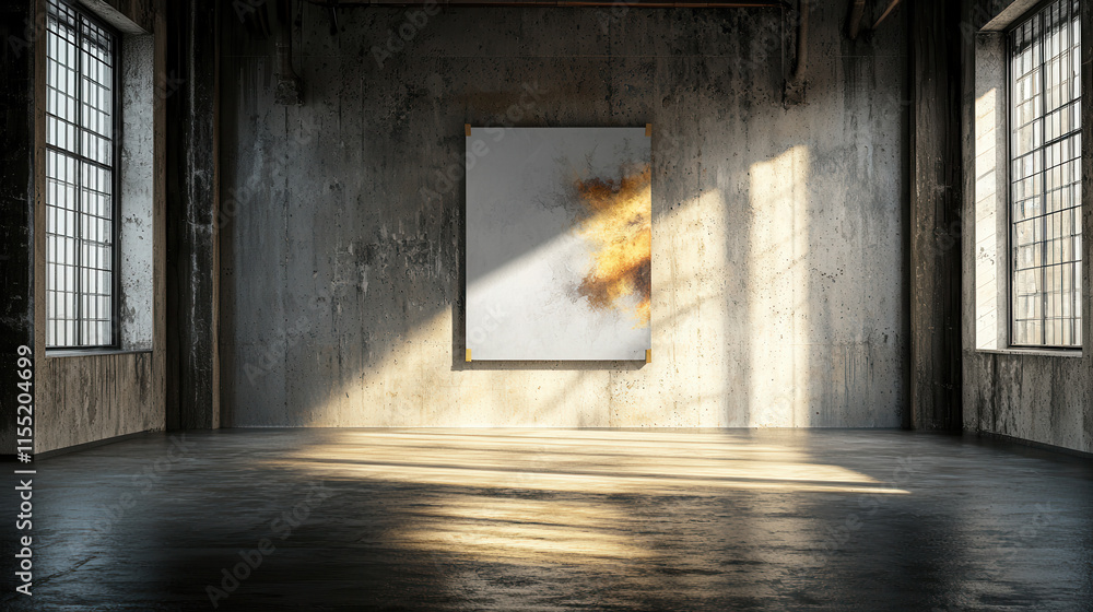 Poster modern art piece displayed on concrete wall in spacious gallery with natural light streaming through