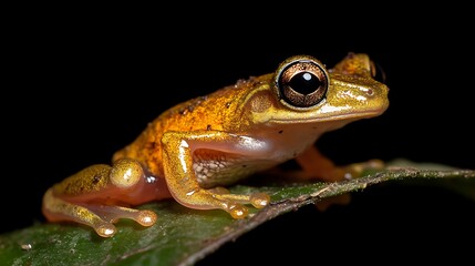 Fototapeta premium Close-up of a small, golden-brown frog perched on a green leaf against a black background.