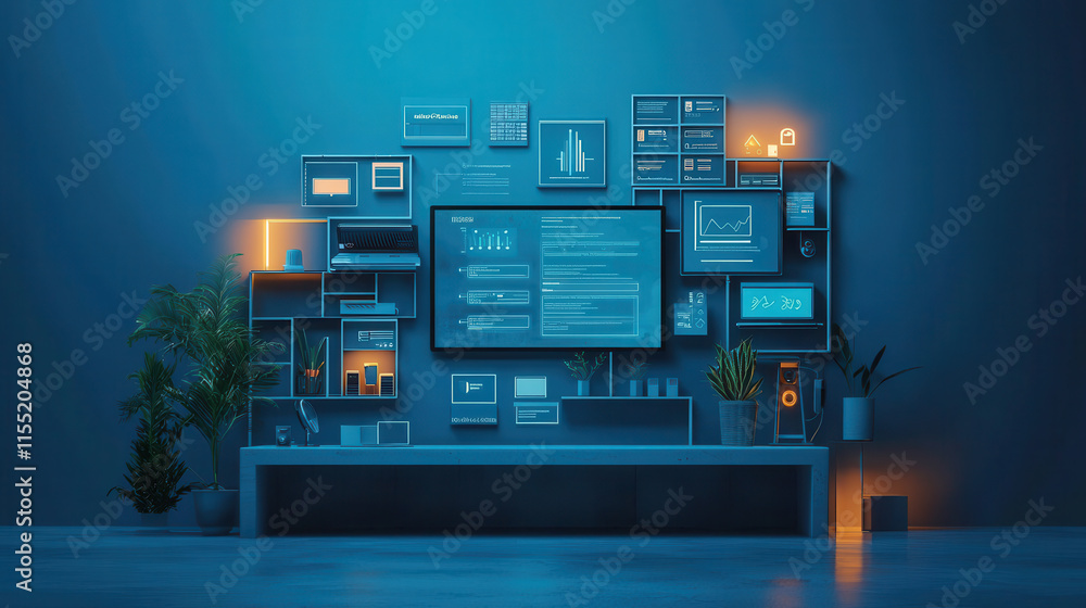 Poster smart home interface displayed on sleek wall mounted screen with data. modern design features variou
