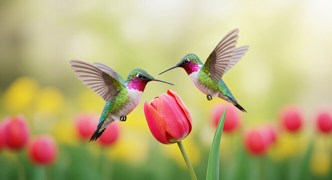 A hummingbird landing on a tulip stem, 3d illustration, with blurred background and soft focus.