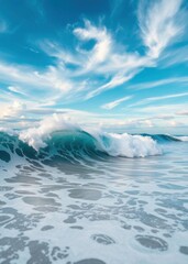 Fototapeta premium Powerful crashing ocean wave, vibrant turquoise water, dynamic white foam, clear blue sky, wispy cirrus clouds, high contrast, dramatic lighting, photorealistic, 4K resolution, wide-angle lens, nature