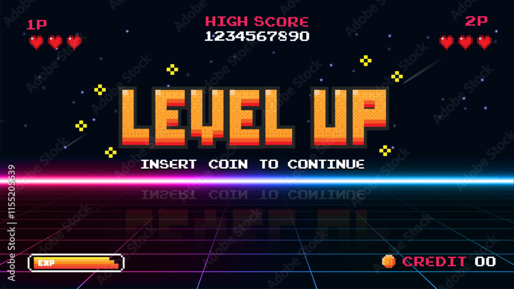 Poster level up insert a coin to continue .pixel art .8 bit game. retro game. for game assets in vector ill