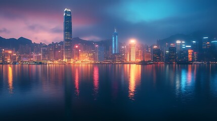 Hong Kong Skyline at Night. Cityscape, Urban, Architecture, Modern, Lights, Reflection