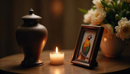 Memorial items on a table with a framed photo of a bright parrot.Remembrance. Peace. Honoring a beloved pet.Memorial tribute, pet loss, remembrance display, home decor, honoring pets, sympathy card d
