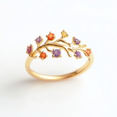 Delicate gold ring with colorful gemstones in floral design