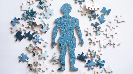 Human body puzzle pieces scattered on white background.