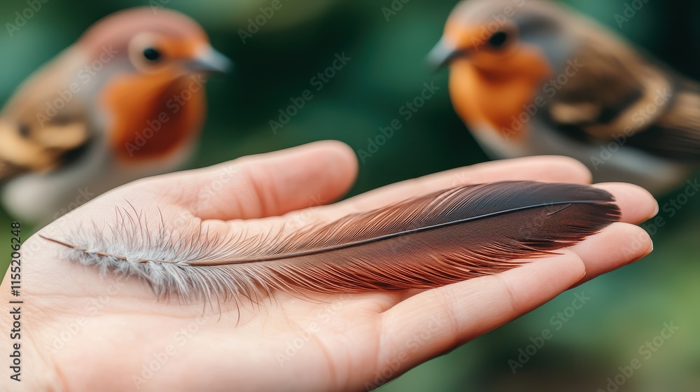 Poster a bird in hand concept, soft feather resting in open palm with birds in background captured in close