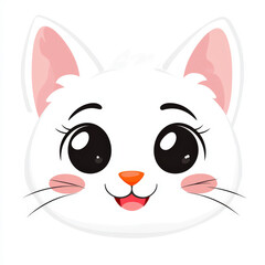 Obraz premium Cute Cartoon Cat Face with Big Eyes, Pink Ears, and a Friendly Smile on a White Background Ideal for Children's Illustrations and Designs