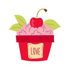 Valentine vector hand drawn illustration. Ice cream, yogurt, whipped cream with cherry flavor. Ripe cherries.