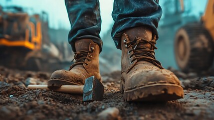 Close-up of muddy work boots and hammer on construction site.