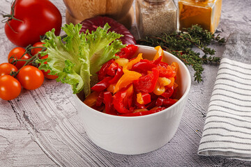 Diced raw bell red and yellow pepper