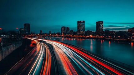Obraz premium Night City Highway with Light Trails. Concept of urban life, speed, and modern city.