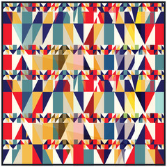 Colorful geometric quilt pattern with a vibrant, triangular motif and pattern border, quilt adorned with geometric shapes, displaying a harmonious blend of colors and patterns in a cozy design.