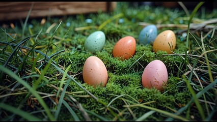 Obraz premium A garden scene with pastel-colored eggs hidden in the grass, holiday promo poster Easter sale banner background, vibrant colors, romantic love and harmony