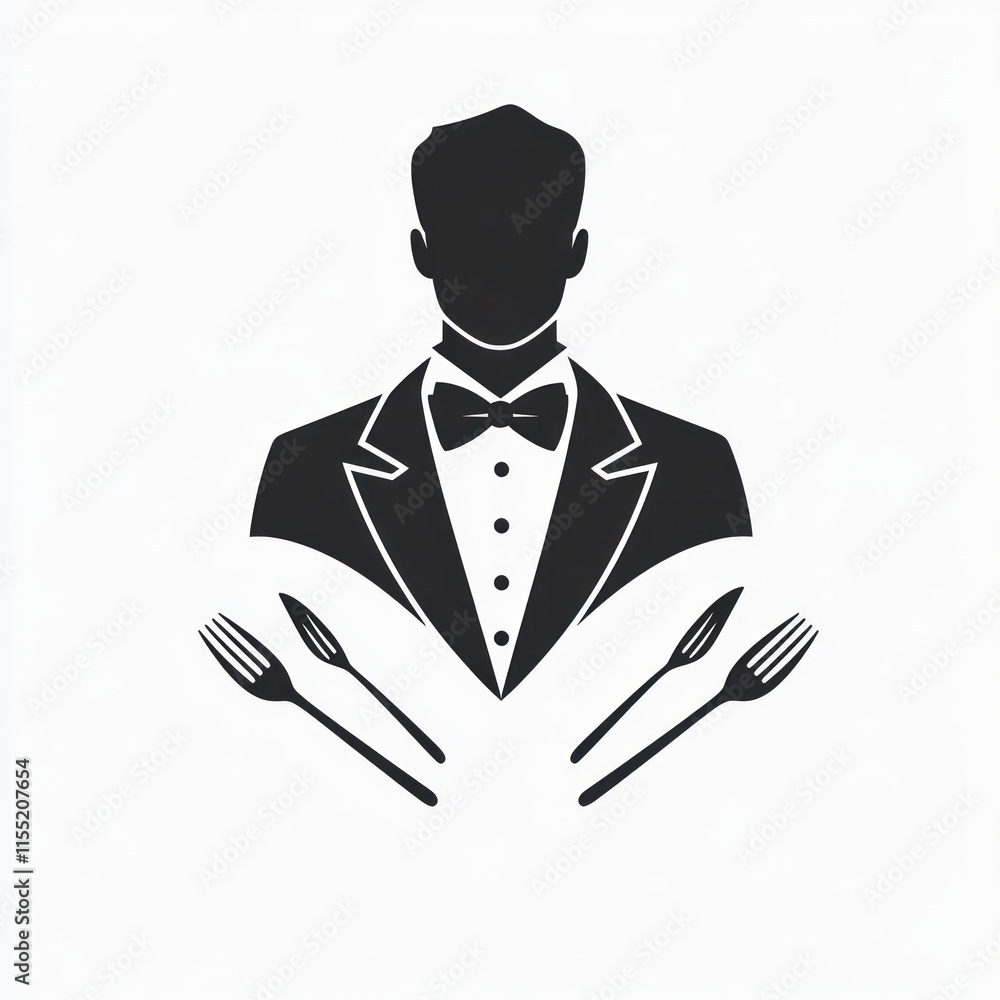 Poster silhouette of a waiter in a tuxedo with crossed forks and knives.