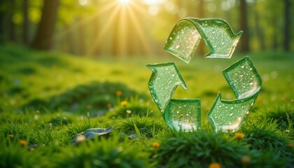 Recycling symbol with green arrows against a forest and sunny sky.Sustainability. Environmental protection. Green future.Environmental awareness, recycling, eco-friendly concept, green marketing, sust