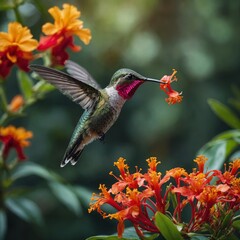 A hummingbird drinking nectar from a vibrant flower in a tropical forest.