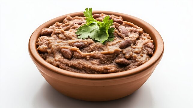 Traditional Refried Beans Served in a Terracotta Bowl with Parsley Garnish