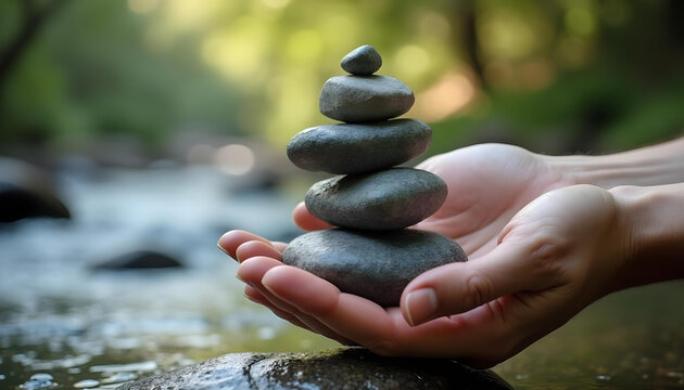 Hands gently holding stacked smooth stones by a serene river in a peaceful natural setting