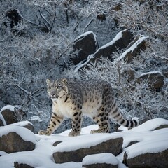 A snow leopard navigating icy boulders surrounded by snow-covered trees.