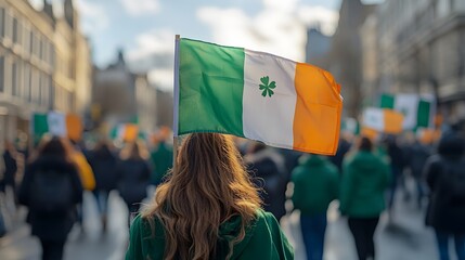 Festive St. Patricks Day parade with people wearing green attire and waving Irish flags
