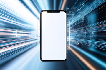 Futuristic Digital Motion Blur with Smartphone on High-Speed Technology Network