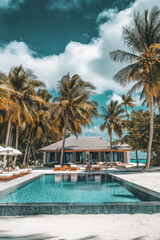 Private beach in the swimming pool area of ​​a luxury hotel area