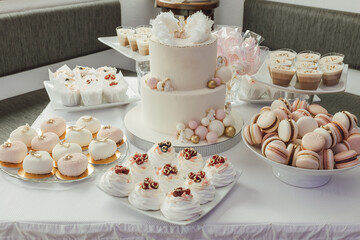Delicious sweet buffet with with cake, cupcakes, macaroons and biscuits. Luxury Candy Bar for celebration, wedding, birthday