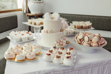 Delicious sweet buffet with with cake, cupcakes, macaroons and biscuits. Luxury Candy Bar for celebration, wedding, birthday