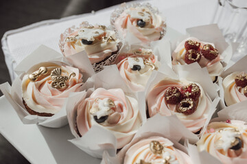 Delicious sweet buffet with cupcakes and macaroons. Luxury Candy Bar for celebration, wedding, birthday