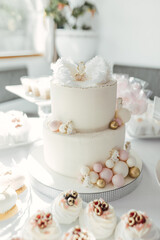Delicious sweet buffet with with cake, cupcakes, macaroons and biscuits. Luxury Candy Bar for celebration, wedding, birthday