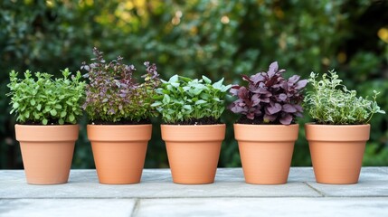 Five potted herbs in terracotta pots outdoors.