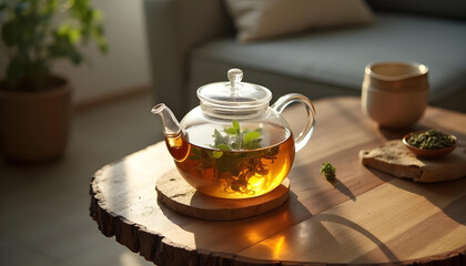Glass teapot with herbal tea on wooden table in sunlit cozy living room