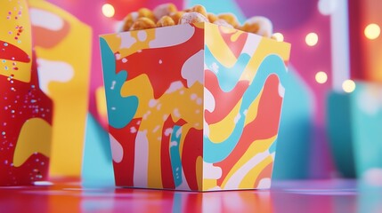 Colorful snack boxes with peanuts and lights on shiny surface.