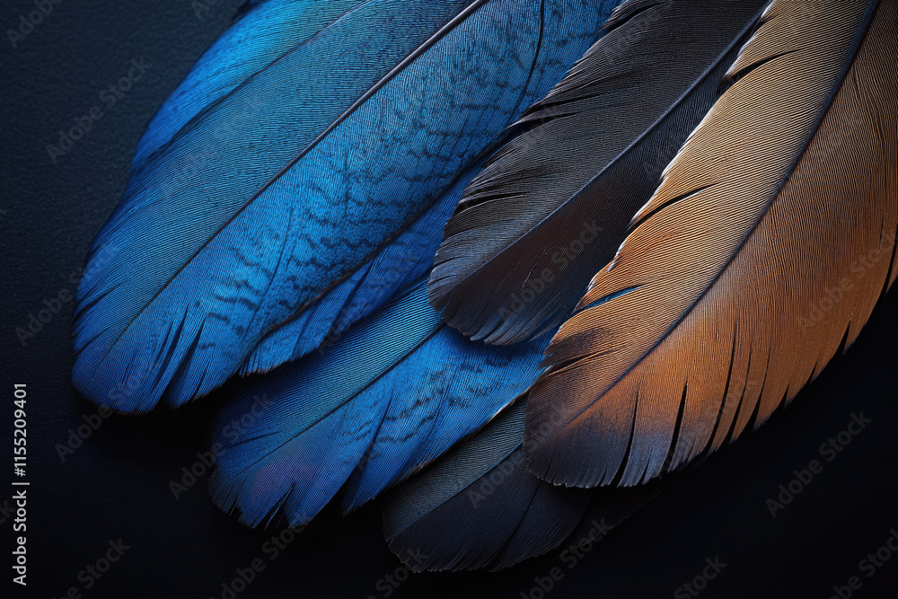 Poster close up of vibrant blue brown and dark feathers showcasing intricate textures and patterns.