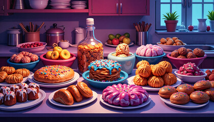 Obraz premium Variety of desserts beautifully displayed in a cozy kitchen