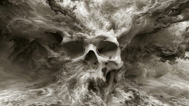 Surreal digital artwork featuring an abstract and creepy skull formed from wispy smoke