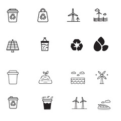 Minimalistic Outline Eco-Friendly Icons: Recycling, Renewable Energy, Sustainability & Green Living