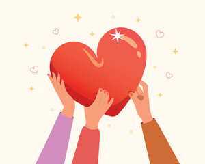 Hands holding heart and giving love to people. Valentine day card, Celebrate of love concept.
