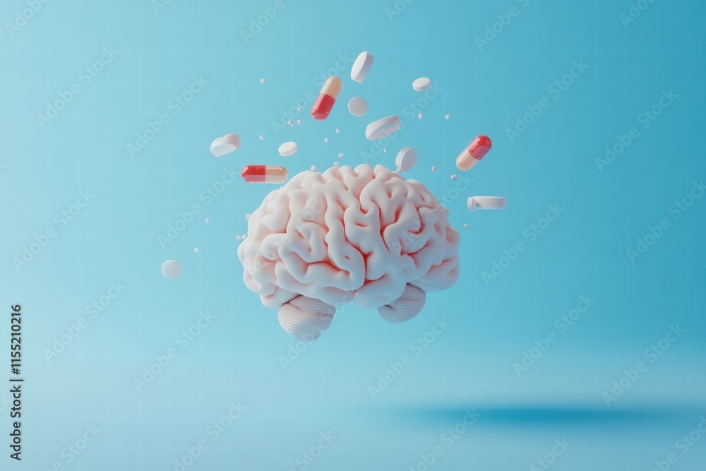 Fototapete 3d model of a human brain surrounded by various colorful pills on a blue background representing hea