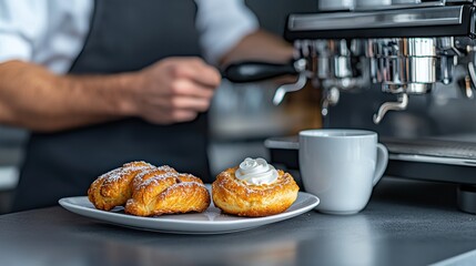 Small Business Owner concept A barista prepares coffee alongside freshly baked pastries on a sleek countertop, creating a cozy café atmosphere.