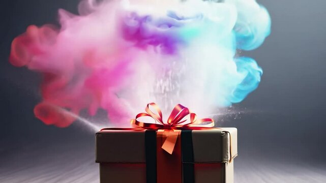 Colorful smoke exploding from a gift box on a gray background