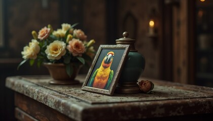 Wooden table with a photo frame of a deceased parrot and a vase of flowers.Memorial tribute, pet loss, remembrance, grieving, personal keepsake, photo frame, emotional support, home decor, memorial ph
