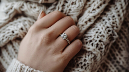 close up photo of a finger woman with a diamond ring on the finger with a minimalist background