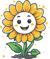 cartoon sunflower on white background for kids book, coloring book. smiling cute sunflower.